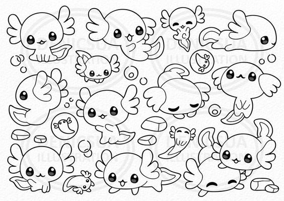 Baby Axolotls Clipart Cute Axolotl Kawaii Mexican Salamanders