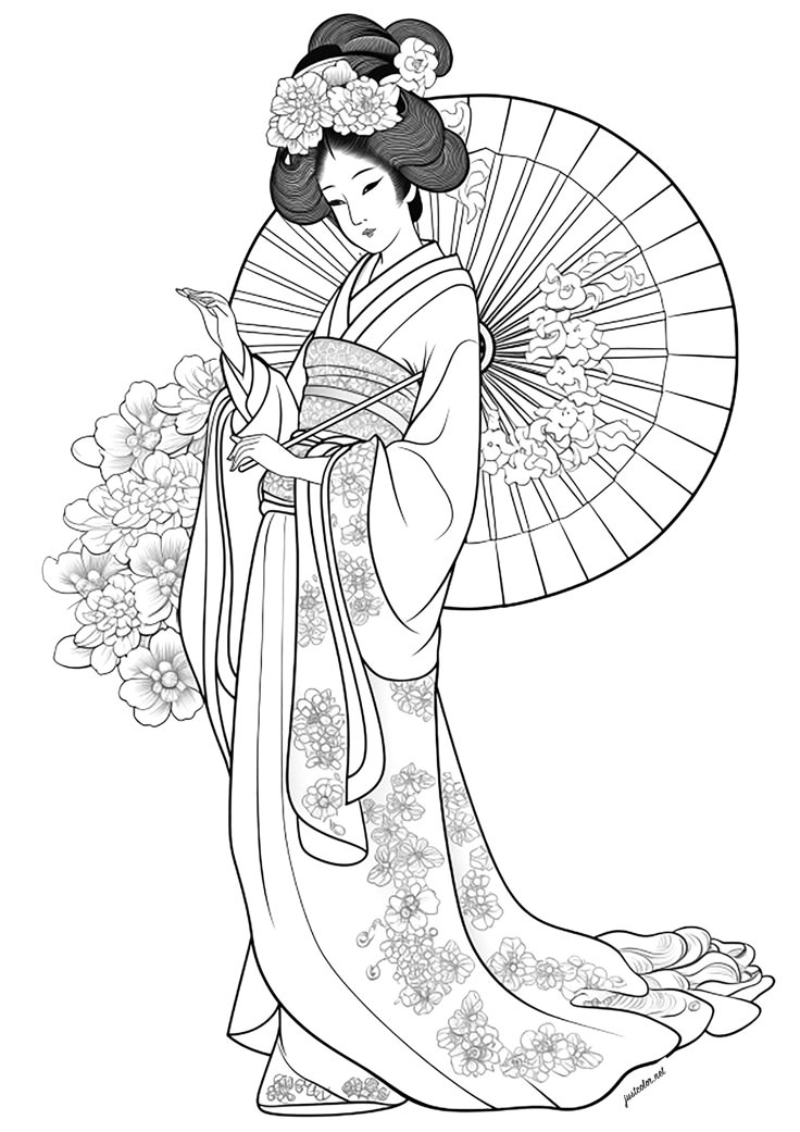 Beautiful Geisha And Fan Japan Coloring Pages For Adults In 2024 