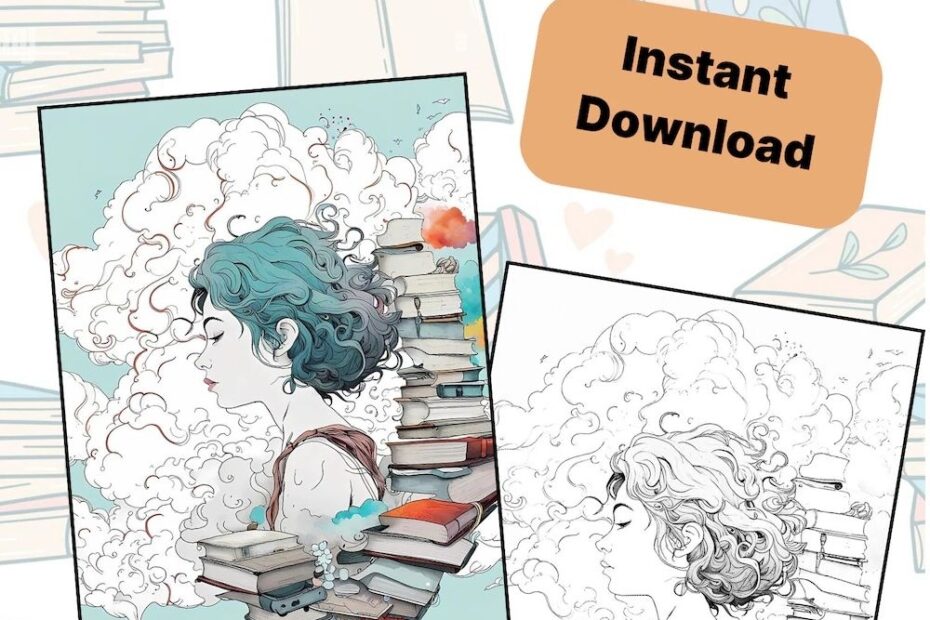 Book Themed Coloring Page Adult Coloring Book Printable Coloring Adult