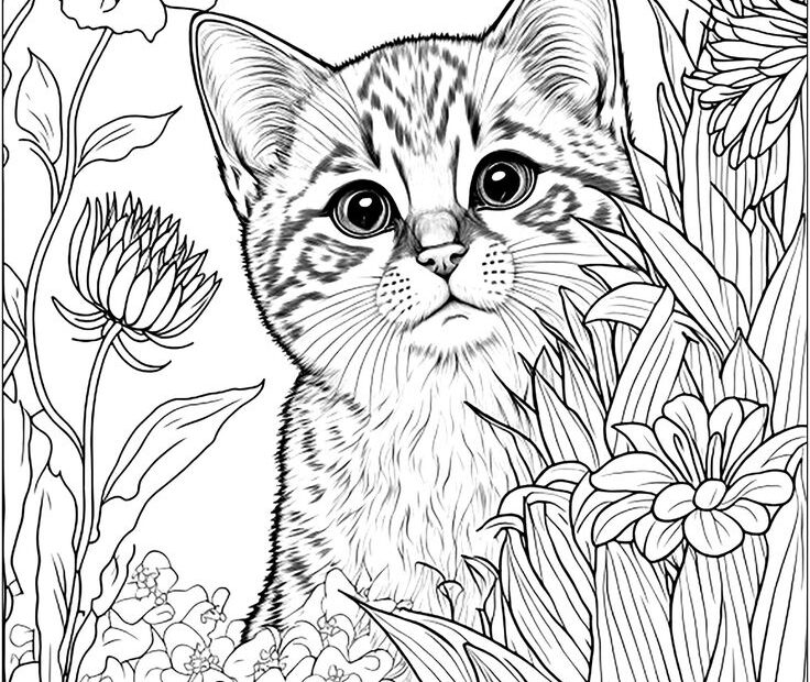 Cat Behind Flowers Coloring Page Free Printable