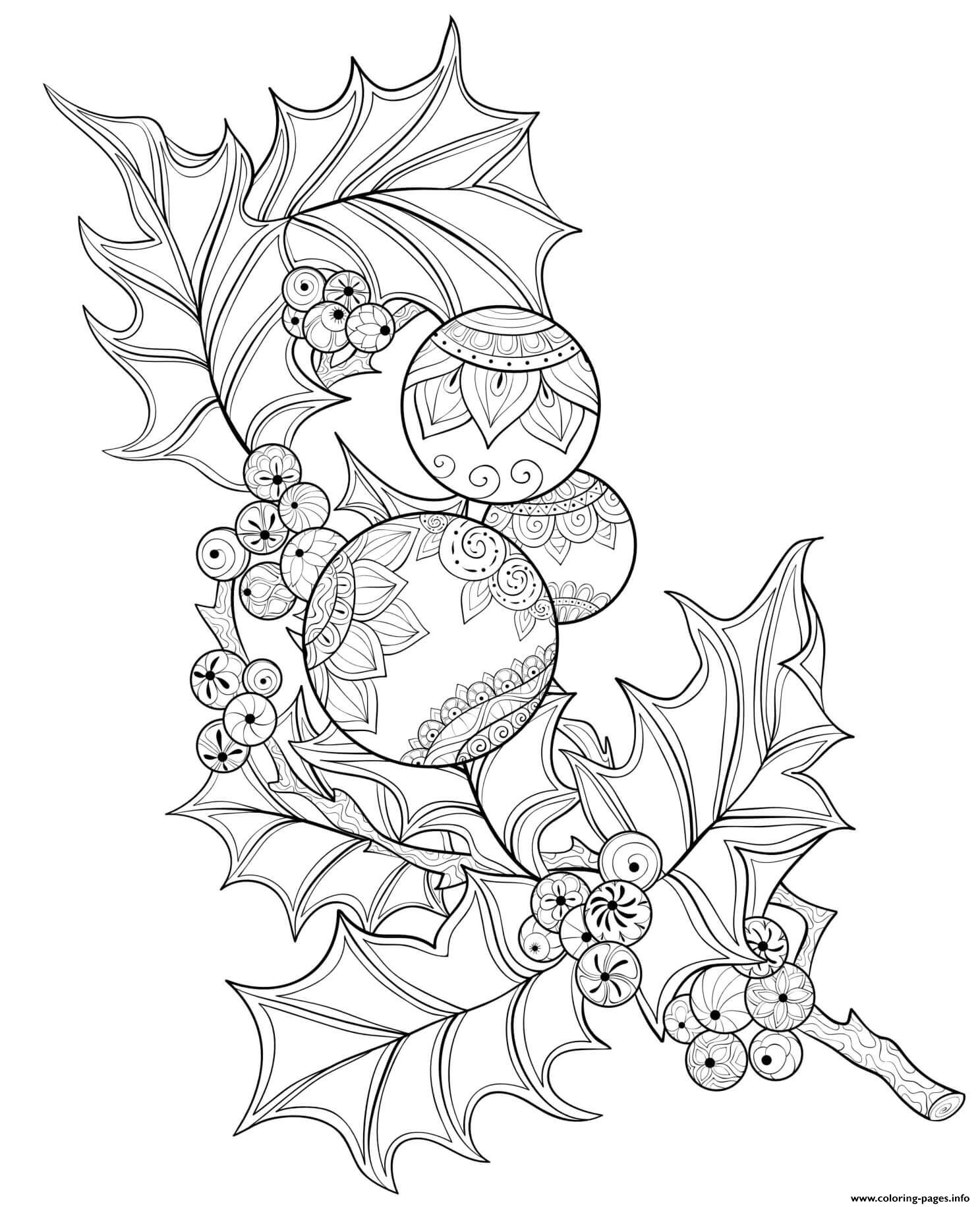 Christmas For Adults Holly Branch Baubles Coloring Page Printable Christmas For Adults Holly Branch Baubles Coloring Page Printable