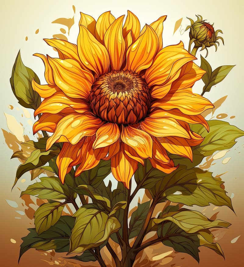 Color Drawing Of A Large Sunflower Flower Stock Illustration 
