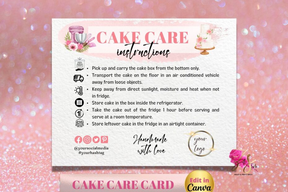 Custom Cake Editable Care Card Printable Cake Care Template Wedding