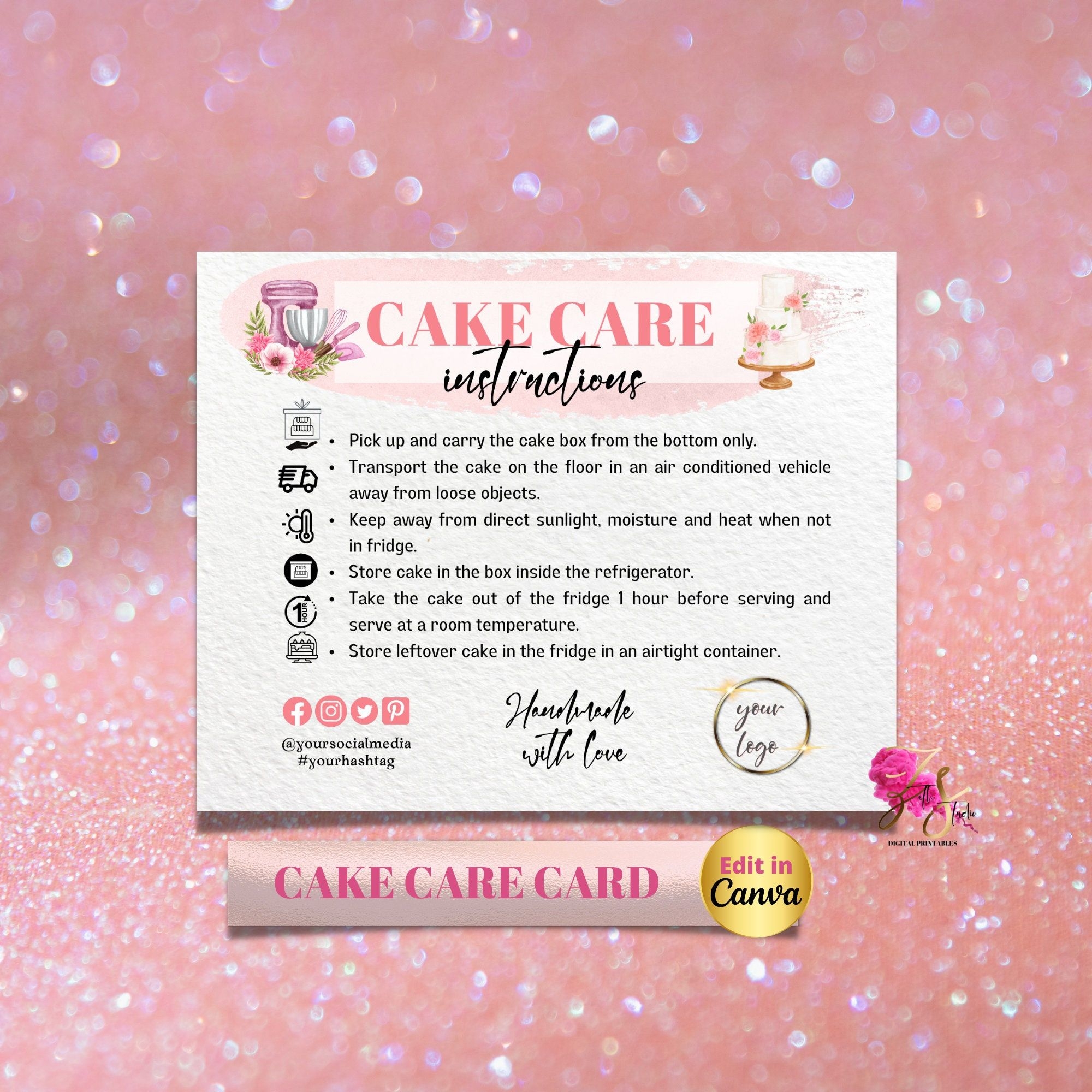 Custom Cake Editable Care Card Printable Cake Care Template Wedding Custom Cake Editable Care Card Printable Cake Care Template Wedding