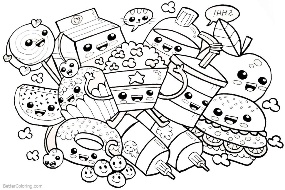 Cute Food Coloring Pages Many Snacks Free Printable Coloring Pages