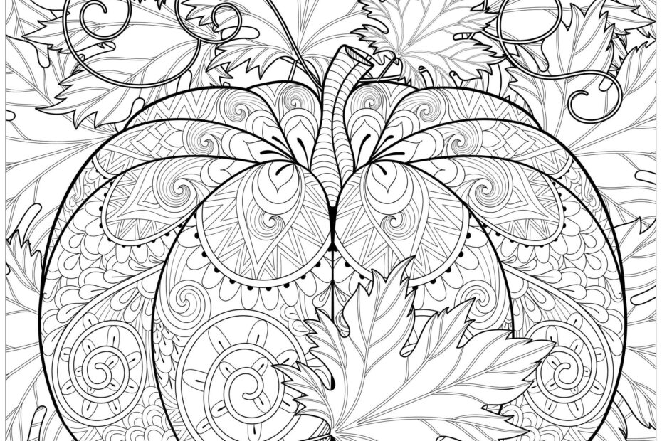 Decorated Pumpkin With Autumn Leaves Halloween Adult Coloring Pages