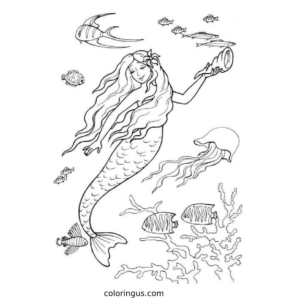 Detailed Mermaid Coloring Page Free Printable PDF 