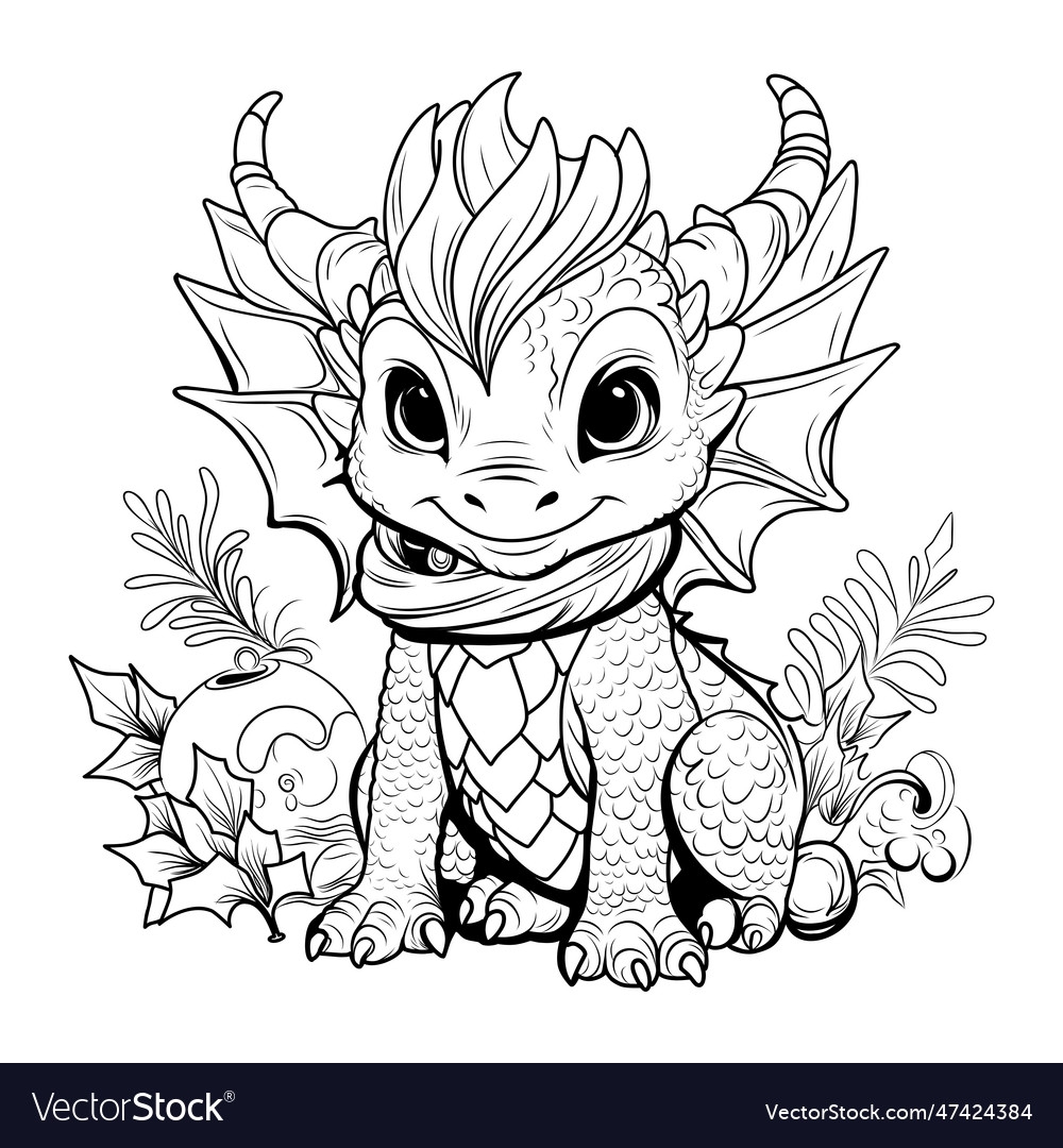 Dragon Coloring Book Page Simple Line Royalty Free Vector