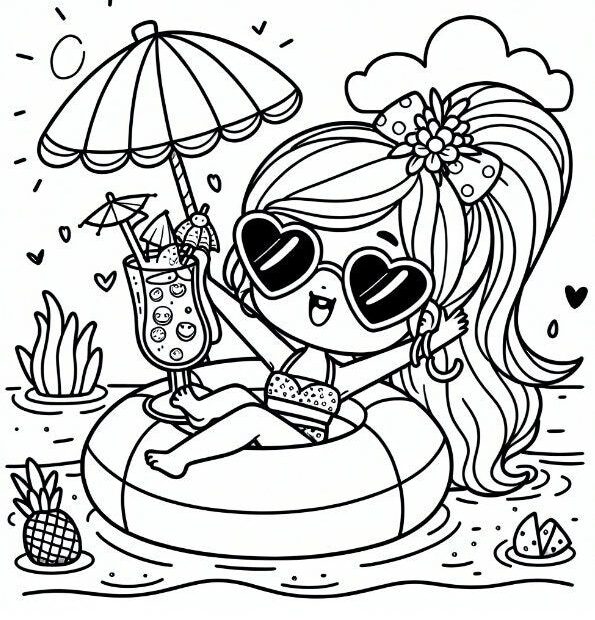 Girl Floating Coloring Page Kids Printable Coloring Page Summer Time