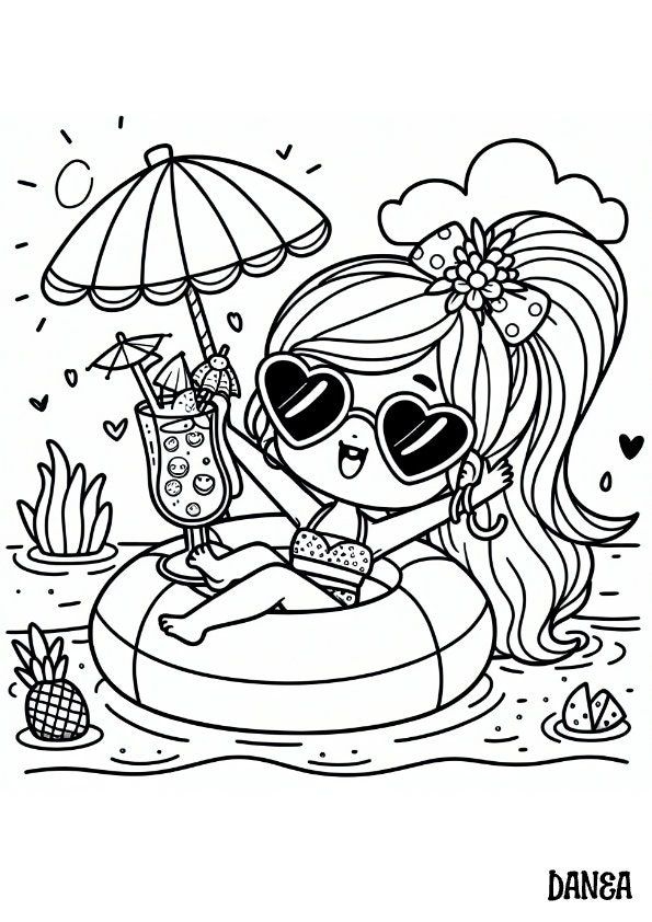 Girl Floating Coloring Page Kids Printable Coloring Page Summer Time 