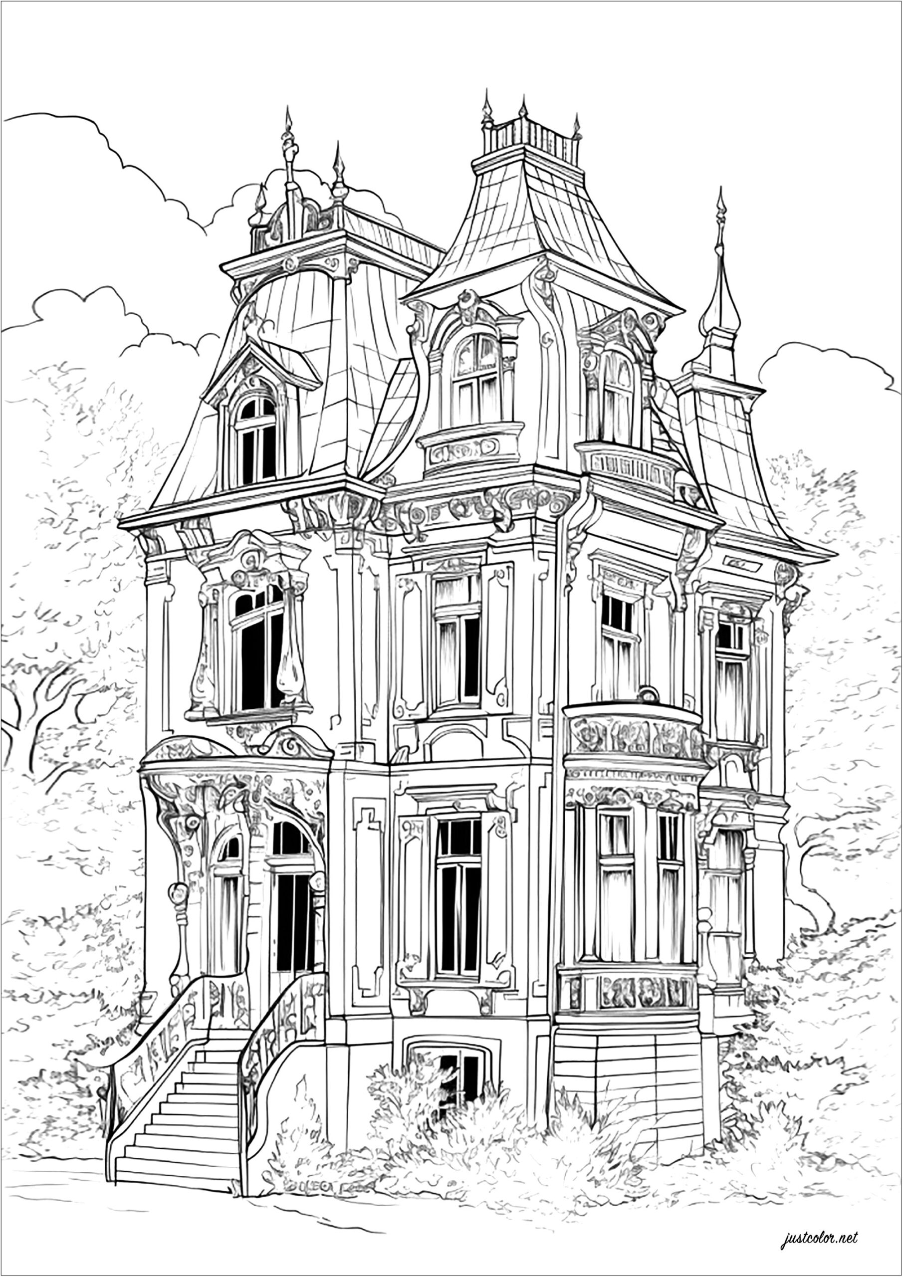 Gloomy House Halloween Coloring Pages For Adults