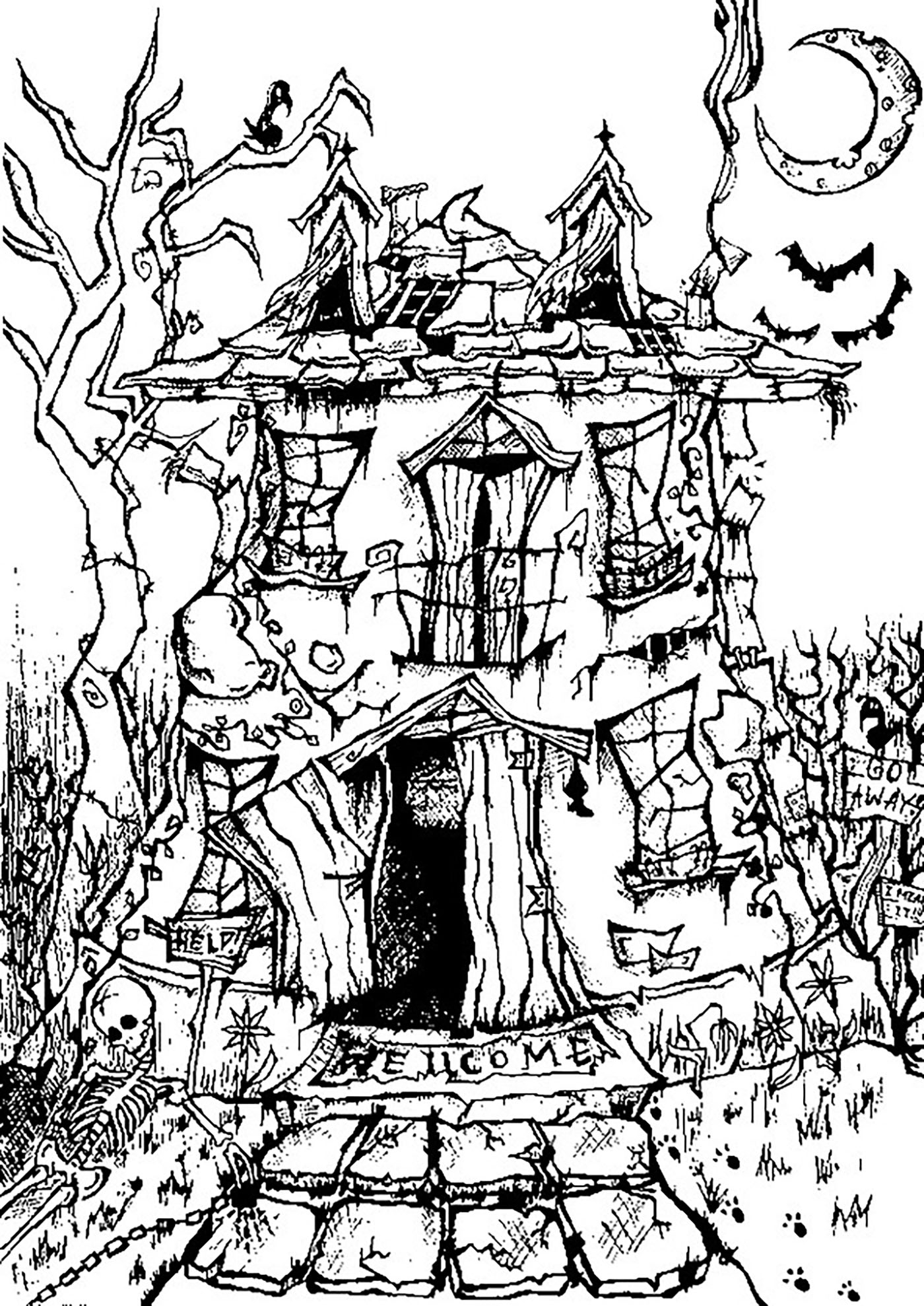 Halloween Haunted House Halloween Adult Coloring Pages
