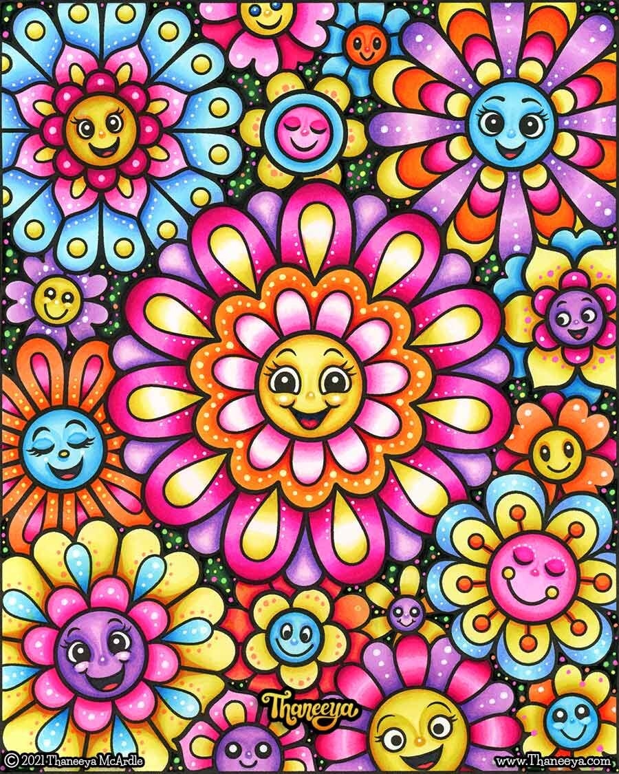 Happy Flowers Coloring Pages Cute Kawaii Flowers For Easy Large Print 