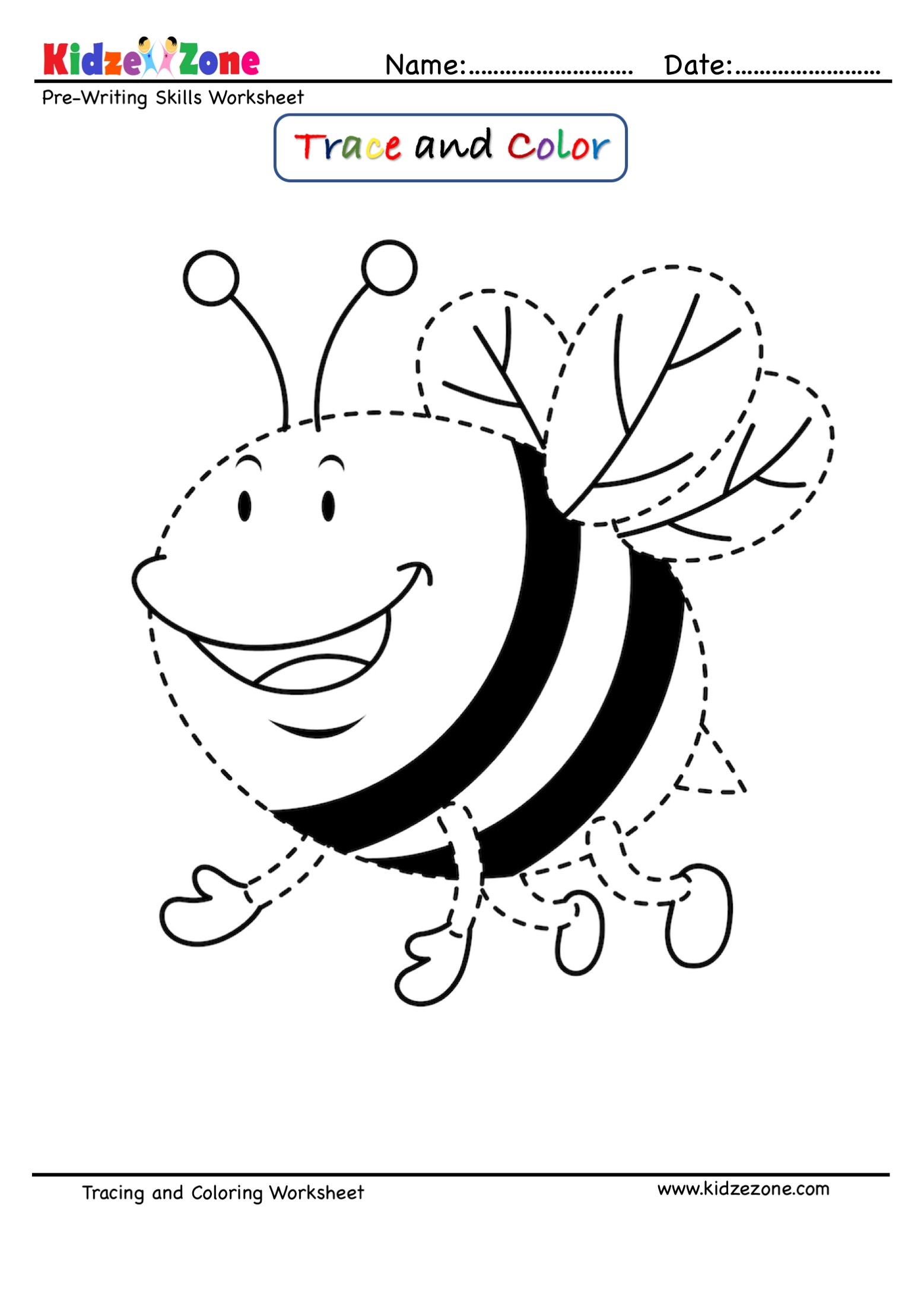 Honey Bee Cartoon Trace And Color Worksheet KidzeZone Honey Bee Cartoon Trace And Color Worksheet KidzeZone