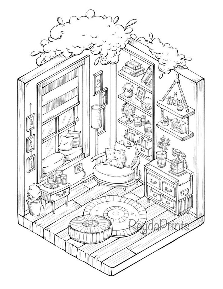 Interior Isometric Coloring Printables Cozy Living Room Bedroom 