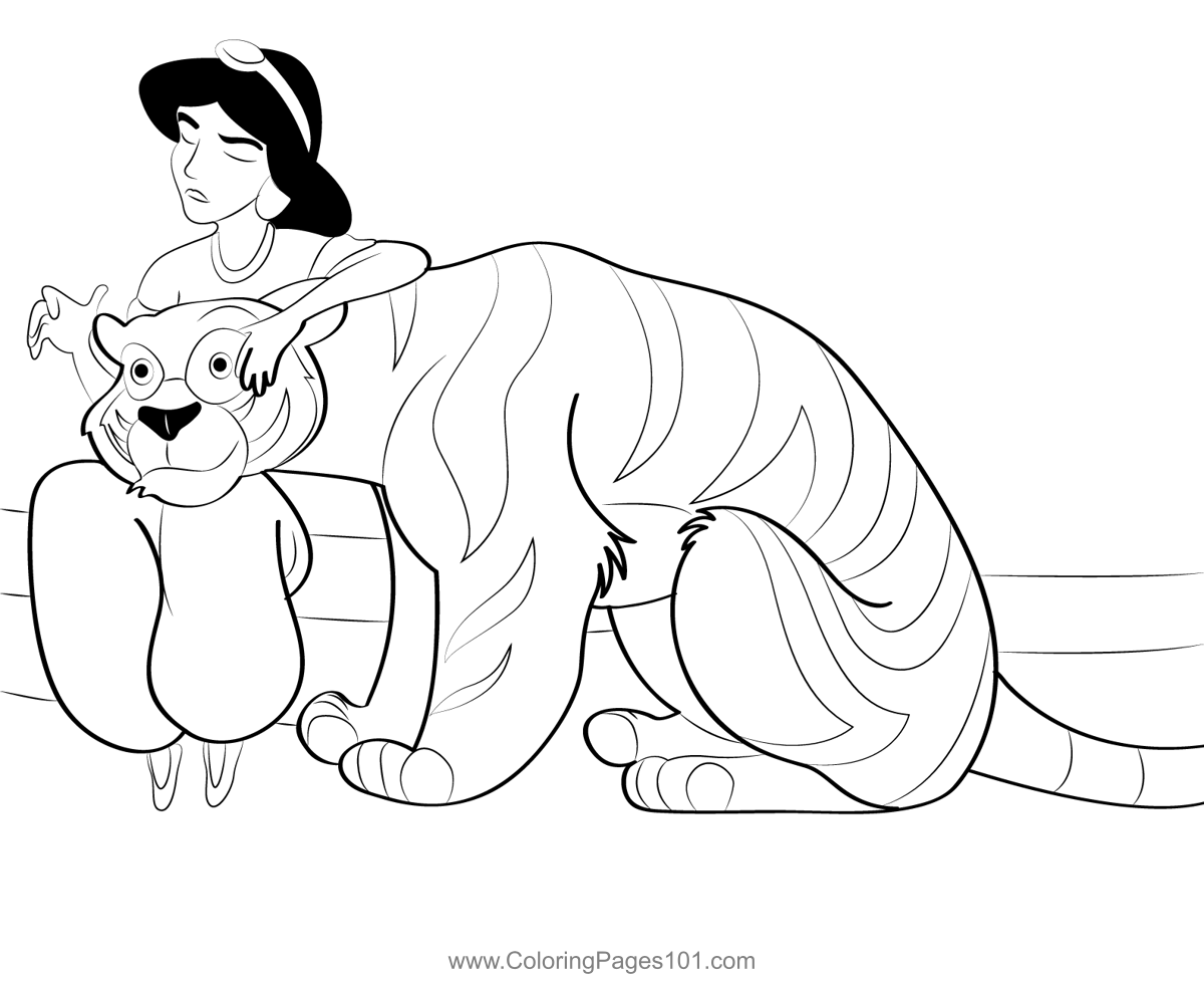 Jasmine And Tiger Coloring Page For Kids Free Aladdin Printable 