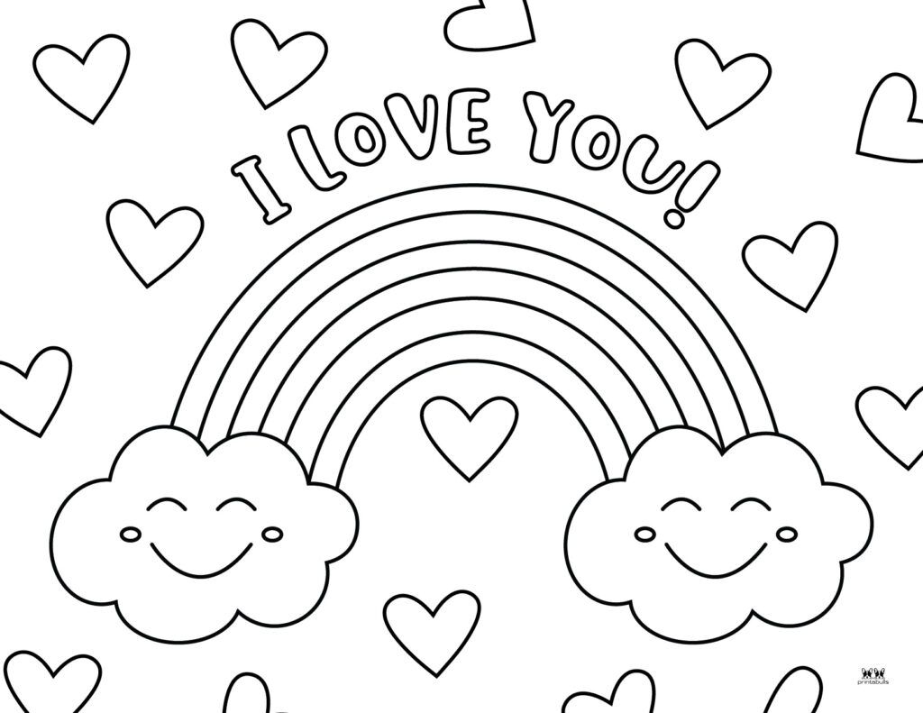 Love Coloring Page With Hearts Clouds And Rainbow
