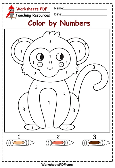 Monkey Color By Numbers Worksheets PDF