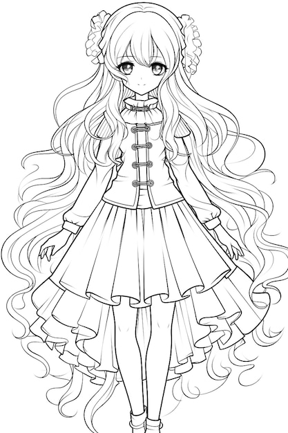 Premium AI Image Coloring Picture Long Haired Anime Girl Full Body 