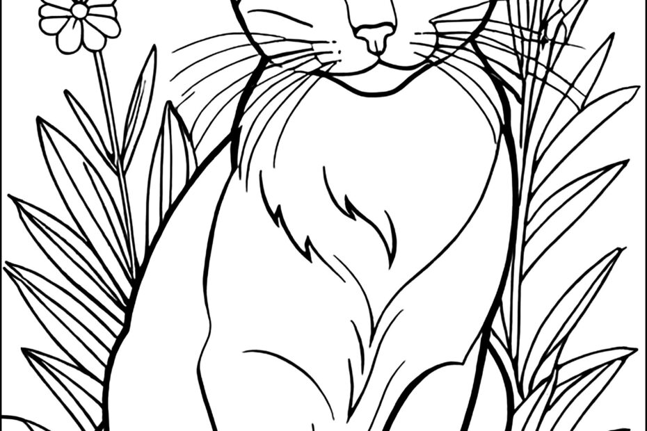 Pretty Cat And Flowers Cats Kids Coloring Pages
