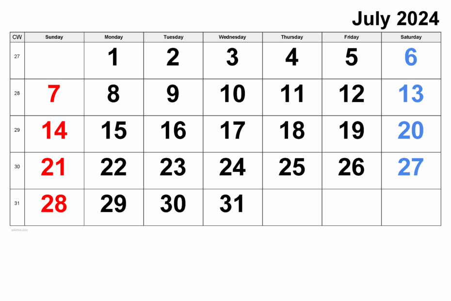 Printable Calendar July 2024 Free Printable Brook Collete