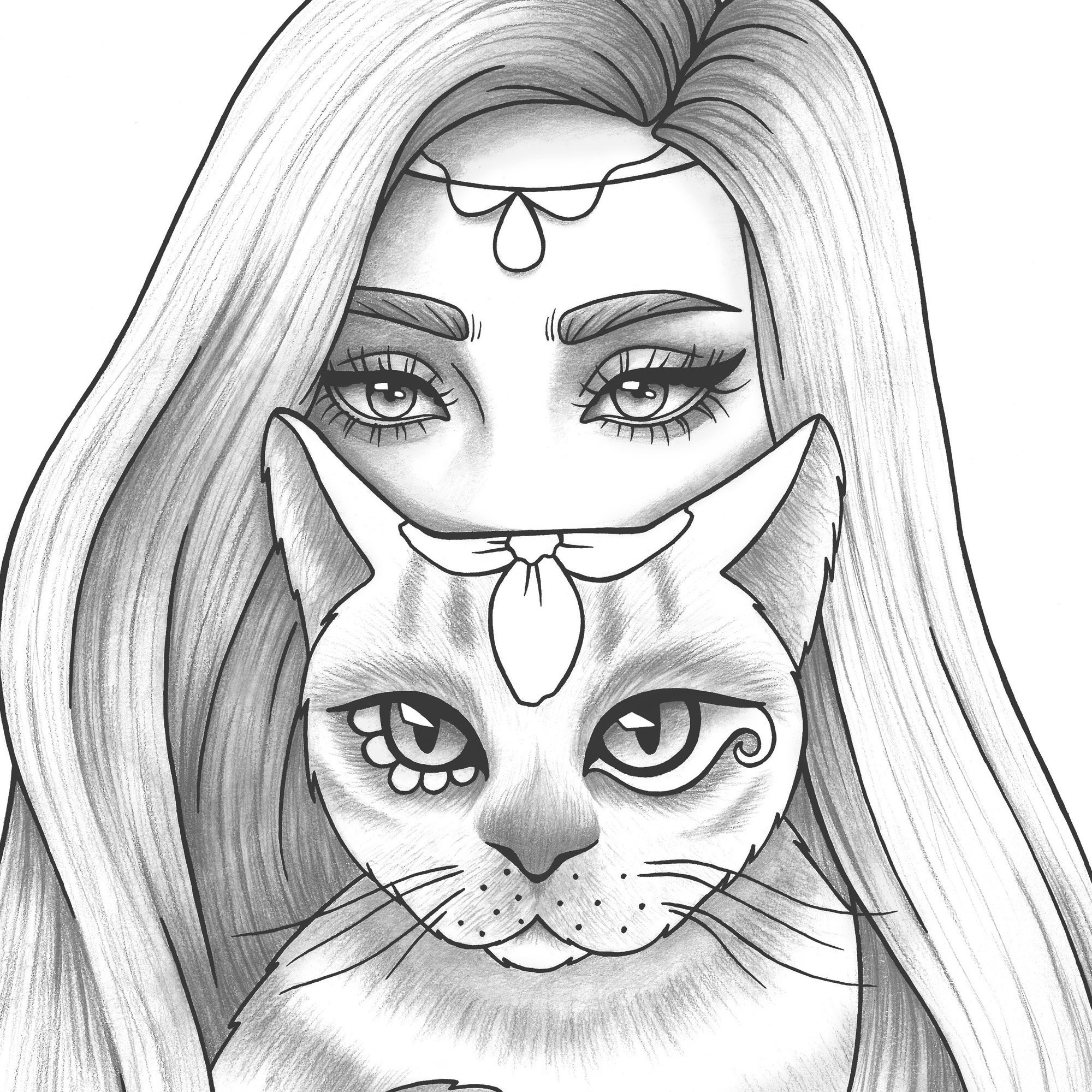 Printable Coloring Page Girl Portrait And Cat Colouring Sheet 