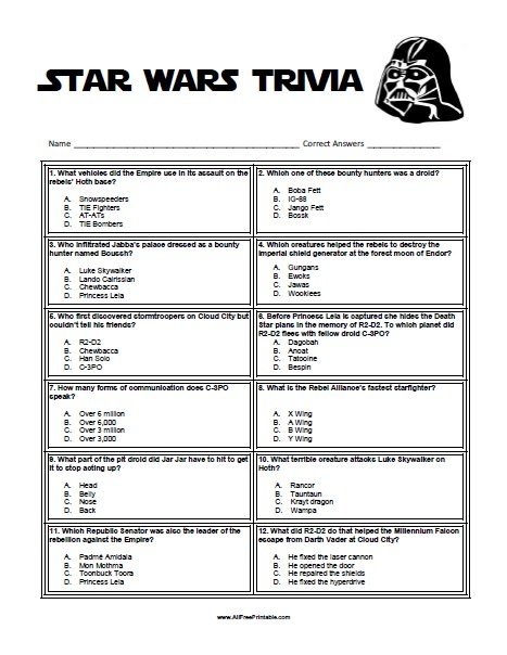 Star Wars Trivia Free Printable