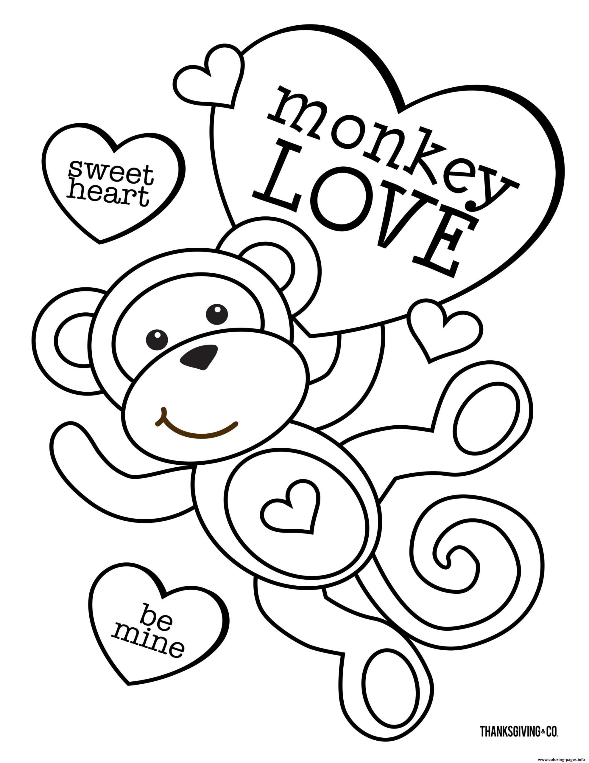 Sweet Heart Monkey Love Coloring Page Printable