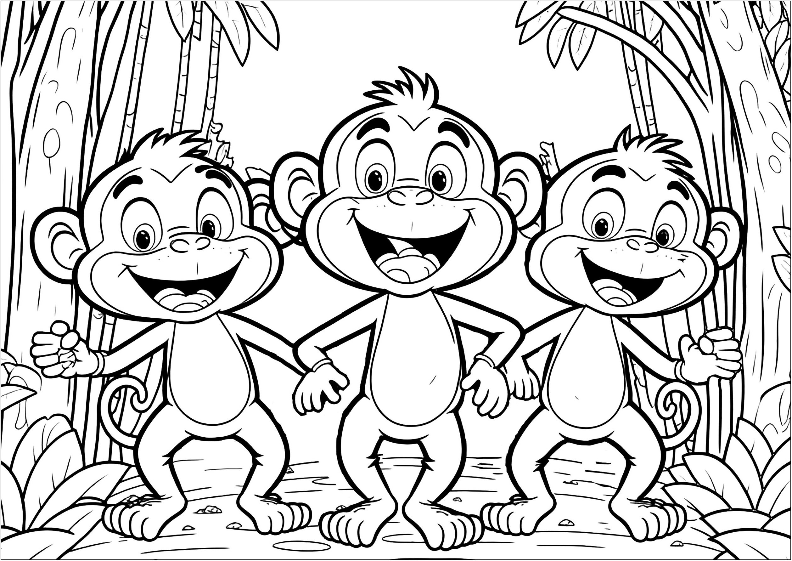 Three Funny Monkeys Monkey Coloring Pages For Kids