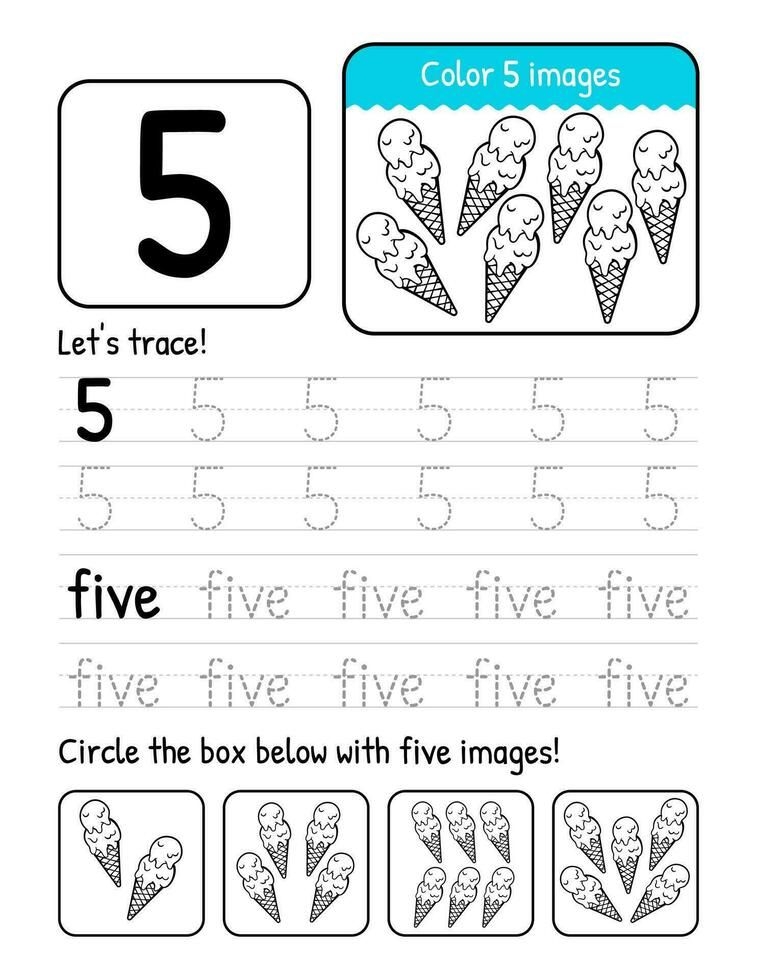 Word And Number Five Tracing Book Interior Worksheet Page With Coloring 