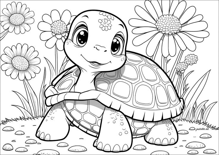 Young Tortoise Coloring Page With Flowers Young Tortoise Coloring Page With Flowers