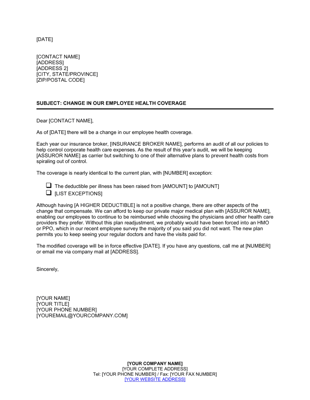 Announcement Of A Change In Health Benefits Coverage Template Free Word 