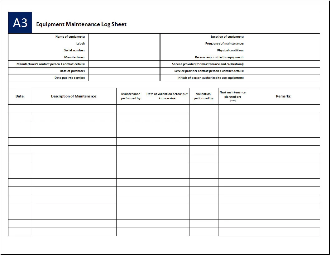 maintenance log for equipment template maintenance log for equipment template