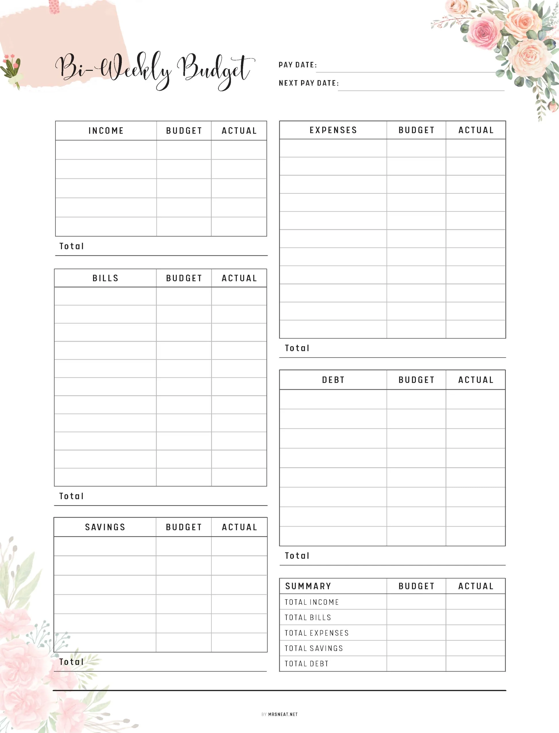 Floral Bi Weekly Budget Template PRINTABLE M307 Mrsneat Floral Bi Weekly Budget Template PRINTABLE M307 Mrsneat
