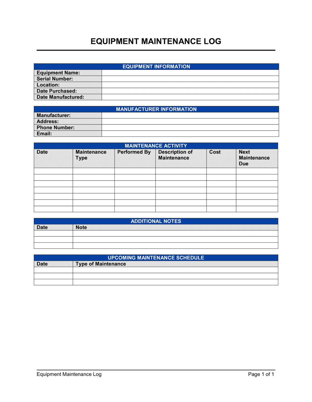 Free Equipment Maintenance Log Template Word PDF Free Equipment Maintenance Log Template Word PDF