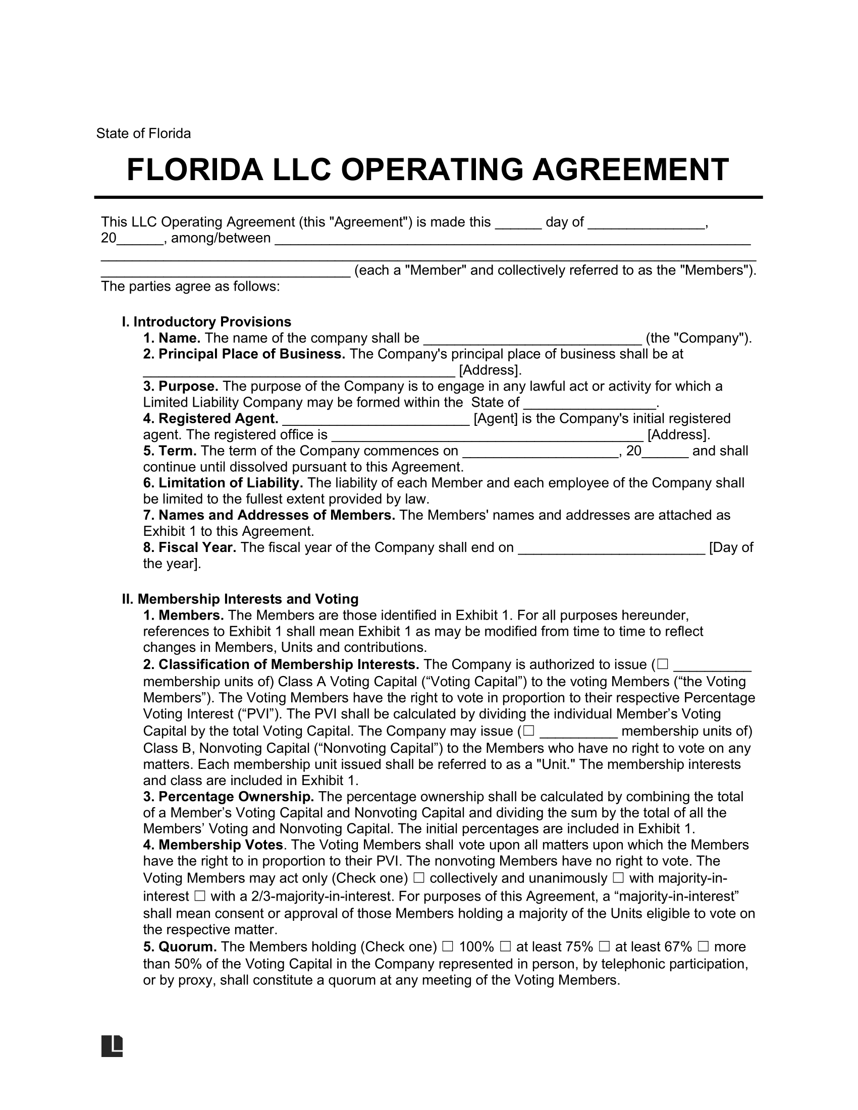 Free Florida LLC Operating Agreement Template PDF Word Free Florida LLC Operating Agreement Template PDF Word