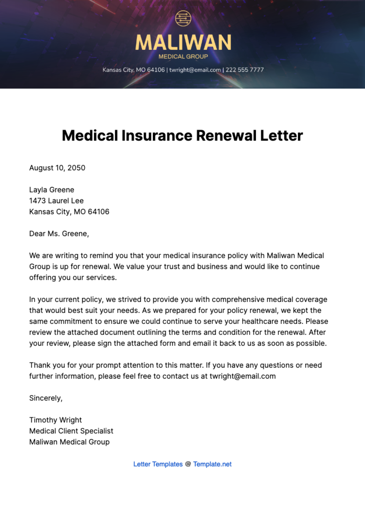 Free Medical Insurance Renewal Letter Template To Edit Online