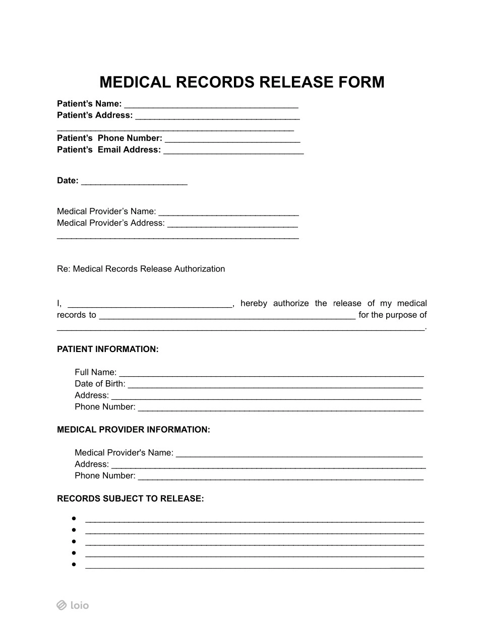 Free Medical Records Release Form Template Loio