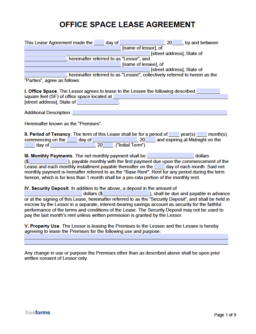 Free Office Space Lease Agreement PDF Word